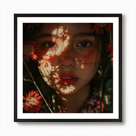 Girl With Red Flowers Art Print