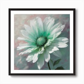 "Emerald Essence"  This artwork features a delicate flower with petals that fade from a soft, pure white to a rich emerald green at the center. The brushstrokes are fluid and impressionistic, giving the image a dreamy quality, as if the flower is emerging from a mist. The background's muted tones create a gentle contrast that allows the blossom to take center stage.  "Emerald Essence" captures the transient beauty of a blooming flower, symbolizing new beginnings and the purity of nature. It's an elegant piece that would bring a touch of serene beauty to any space, inviting viewers to pause and reflect on the subtle yet profound grace of the natural world. Art Print