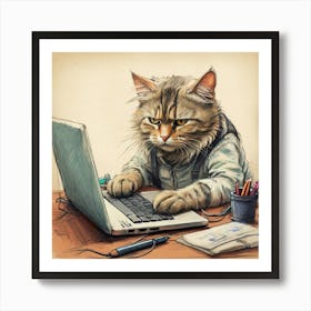 Cat Working On Laptop 3 Art Print