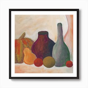 still life kitchen art square orange pumpkin pear bottle jar painting Art Print