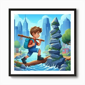 Boy Crossing A River Art Print