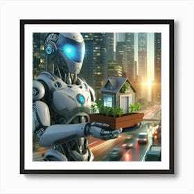 Robot Holding A House Art Print