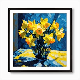 Palette Knife Painting, Daffodils in Glass Vase Art Print