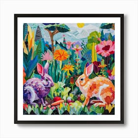 Rabbits Munching On Vegetables In The Field Kitsch Collage 1 Art Print