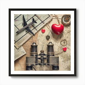 Firefly A Paris, France Vintage Travel Flatlay, Binoculars, Small Red Heart, Map, Stamp, Flight, Air (2) Art Print