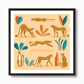 Cheetahs And Florals And Flowers On Beige Square Art Print