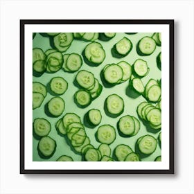 Cucumber Slices On A Green Background Art Print