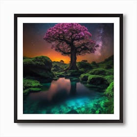 colossal, twisted tree, adorned with vibrant bioluminescent flowers Art Print