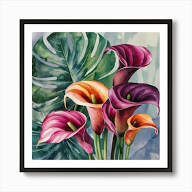 watercolor calla lilies and monstera, painting 1 Art Print