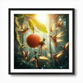 Hummingbirds Flying Over Orange Art Print
