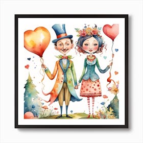 Couple Holding Balloons Cartoon Love Funny Art Print