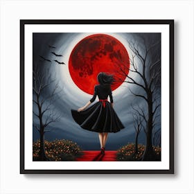 Woman walking on a moonlight, red moon, big moon, vampire Art Print