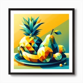 Geometric Fruits: An Abstract Painting of a Still Life Scene with a Pineapple, a Banana, and a Pear Art Print