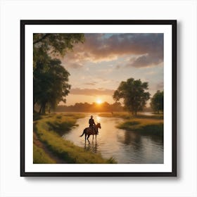 Art Of Riding On Horse With Beautiful Sunset River On Site And Beautiful Grass Art Print