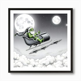 Alien Santa Claus in UFO Sleigh - Drawing Art Print