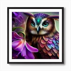 Owl With Purple Flowers 12 Art Print