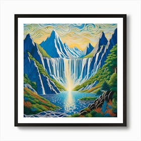 Nature Mountains Lake Forest Landscape Sunset Flowers Trees Sky Travel Digital Fantasy Anime Artwork Surreal Design Cartoon Art Print