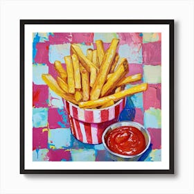 Fries & Ketchup Checkerboard Background 2 Art Print