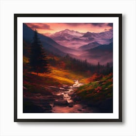 Mountain Stream At Sunset Art Print