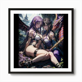 Two Girls And A Dragon Art Print