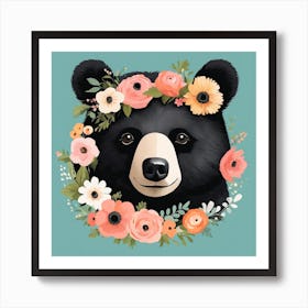 Floral Baby Black Bear Nursery Illustration (21) Art Print