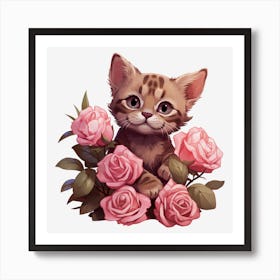 Kitten With Roses Art Print