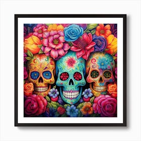 Maraclemente Many Sugar Skulls Colorful Flowers Vibrant Colors Art Print