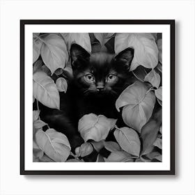 Black and White Black Cat In Leaves 5 Art Print