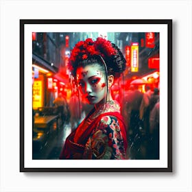 Geisha in the rain. Art Print