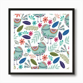 Floral Pattern With Birds Flowers Leaves Dark Background Art Print