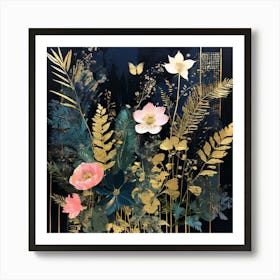 Gold And Black, Flowers On Black pink flowers Art Print