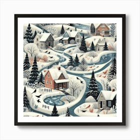 Winter Village Among The Rivers Art Print