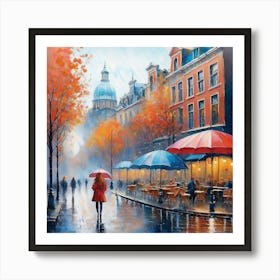 Amsterdam cafes, autumn season, rain, autumn oil colours.Faded colours,People passing on the street, winter clothes, rain umbrellas.15 Art Print