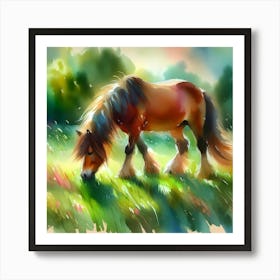 Watercolor Horse Grazing In The Meadow Art Print