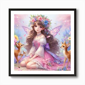 Fairy Girl With Deer Art Print