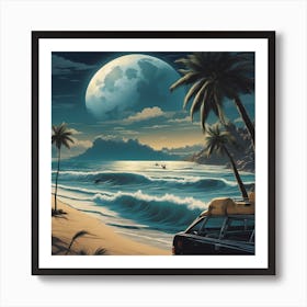 Full Moon, Sandy Parking Lot, Surfboards, Palm Trees, Beach, Whitewater, Surfers, Waves, Ocean, Clou (1) Art Print