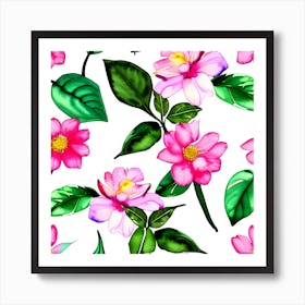 Seamless Pattern With Pink Flowers And Leaves Art Print