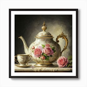 A very finely detailed Victorian style teapot with flowers, plants and roses in the center with a tea cup 17 Art Print