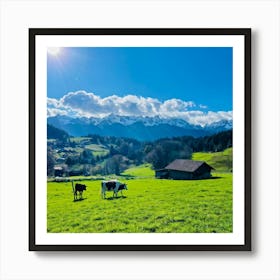 Alpine Pastoral Landscape Cows Grazing On Lush Green Slopes Snow Capped Mountains In The Distance (7) Art Print