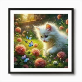 White Cat With Butterflies Art Print