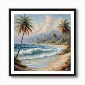 Palm Trees On The Beach, A Tranquil Beach Scene With Palm Trees And Gentle Waves art print 2 Art Print