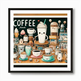 Coffee Friends Coffee Lover Wall Print Art A Fun And Cheerful Depiction Of Coffee Culture, Perfect For Adding A Playful And Lively Touch To Any Space Art Print