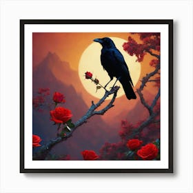 Crow On A Branch Ar Sunset Art Print