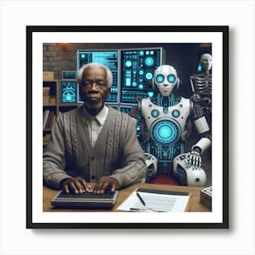 Old Man In Office With Robots Art Print