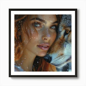 Portrait Of A Woman With A Wolf Art Print