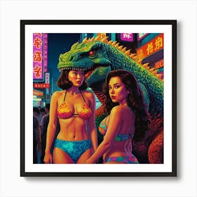 Retro Pop Godzilla with Two Asian Brunettes Art Print