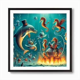 Seahorses And Dolphins Art Print