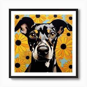 Dog With Sunflowers Art Print