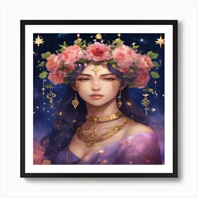 Girl With Flowers On Her Head Art Print