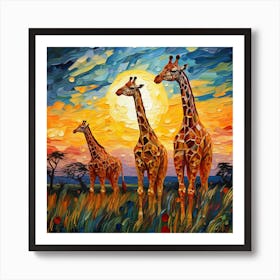 Giraffes At Sunset 38 Art Print